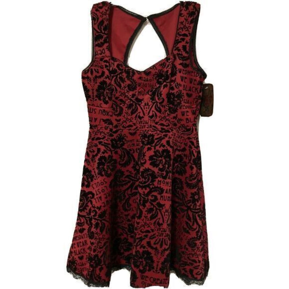 Hot Topic Dress Midnight Hour FLocked Red Black Sz‎ S American Horror Goth NWT